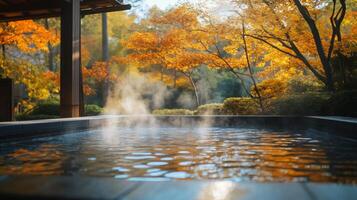 Tranquil Hot Spring Bath Surrounded by Autumn Foliage photo