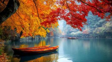 Red and Yellow Autumn Leaves Overlooking a Tranquil Lake with Boats photo