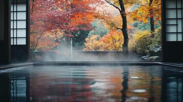 A Tranquil Onsen Bath with an Autumnal View photo