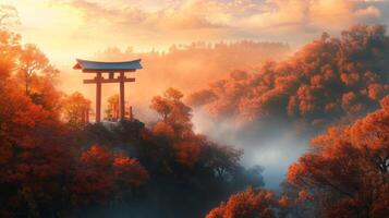 A Red Torii Gate Stands Alone Amidst an Autumnal Foggy Forest photo