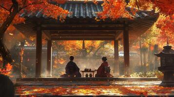 Two Women in Traditional Kimonos Sit Under Autumnal Maple Trees photo