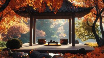 Tranquil Autumnal Gazebo with Tea Ceremony Setup photo