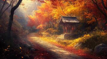A Stone Path Leading to a Shrine in an Autumn Forest photo