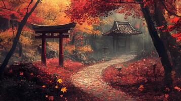 A Stone Path Through a Japanese Autumn Forest with a Torii Gate and Traditional Architecture photo