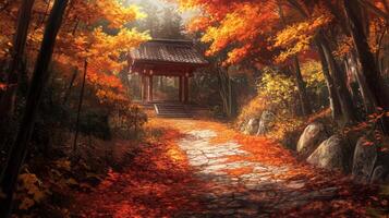 Stone Path Leading Through Autumnal Forest to a Wooden Gate photo