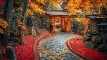 Stone Pathway Through Autumnal Japanese Forest with Torii Gate photo