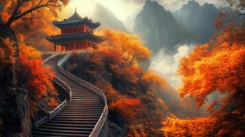 Winding Staircase Leading to a Pagoda in a Mountainous Landscape photo