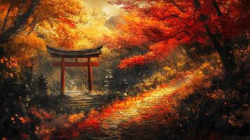 Autumnal Forest Path with Torii Gate and Stone Lanterns photo
