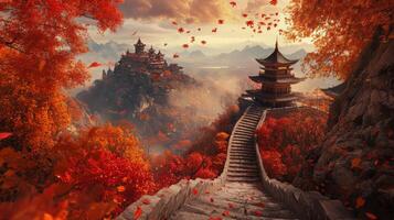 Stone Steps Leading to a Pagoda on a Mountaintop Surrounded by Autumn Foliage photo