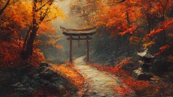 Autumnal Forest Path Leading to a Torii Gate photo