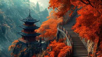 Ancient Pagoda on a Mountainside with Winding Stone Steps and Red Leaves photo