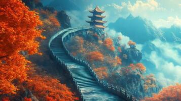 Ancient Pagoda Perched on a Mountaintop with a Winding Stairway photo