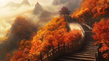 Stone Stairway Winding Through a Misty Mountainside Forest in Autumn photo