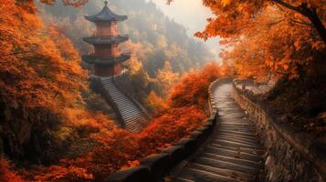 Ancient Pagoda Amidst a Sea of Autumn Leaves photo