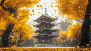 Pagoda in a Golden Autumn Forest with Falling Leaves photo