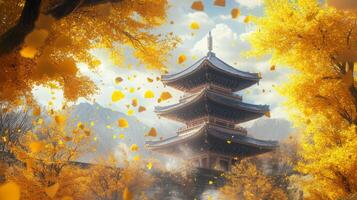 Ancient Pagoda Surrounded by Golden Autumn Trees photo