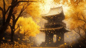 Ancient Pagoda Surrounded by Golden Autumn Trees photo