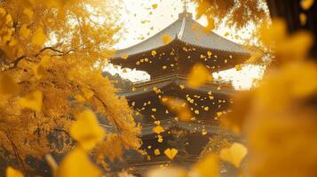 Ginkgo Leaves Falling on a Pagoda Roof photo