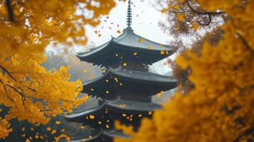 Pagoda Through Falling Autumn Leaves photo