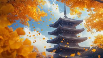 Pagoda Surrounded by Falling Autumn Leaves photo