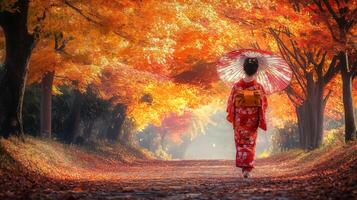 Woman in Red Kimono Walking Through Autumnal Forest photo