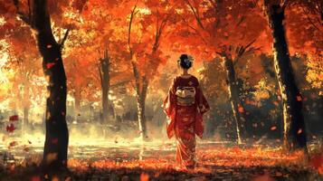 Woman in Red Kimono Walking Through Autumn Forest photo