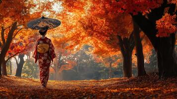 Woman in Kimono Walking Through Autumn Forest photo