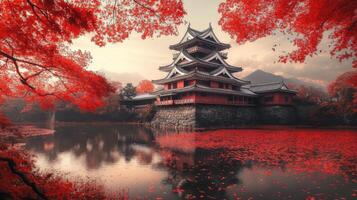 Japanese Castle Surrounded by Red Autumn Leaves and a Reflective Pond photo