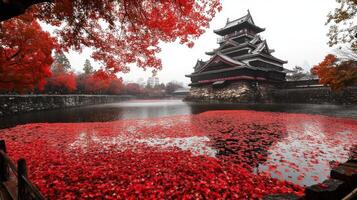 Japanese Castle with Autumn Leaves Floating on Water photo
