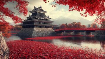 Japanese Castle with Red Maple Leaves and Bridge photo