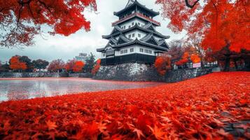 Japanese Castle with Red Maple Leaves in Autumn photo
