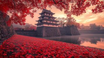 Japanese Castle Surrounded by Red Autumn Leaves and a Foggy River photo