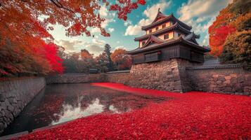 Japanese Castle Surrounded by Autumn Leaves and Water photo
