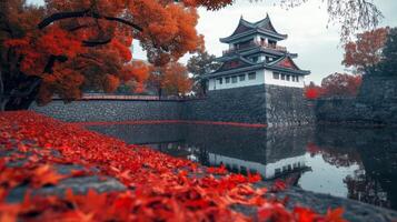 Japanese Castle Surrounded by Red Autumn Leaves and a Reflective Pond photo