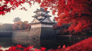 Japanese Castle Tower Surrounded by Autumn Foliage photo