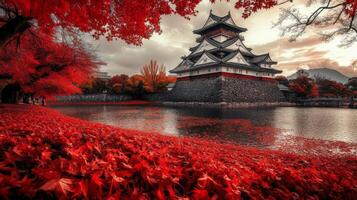 Japanese Castle Amidst Red Autumn Leaves and a Tranquil Lake photo
