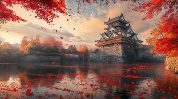 Japanese Castle Surrounded by Autumnal Trees and Water photo
