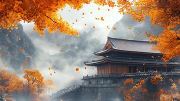 Autumnal Temple Amidst Misty Mountains and Falling Leaves photo