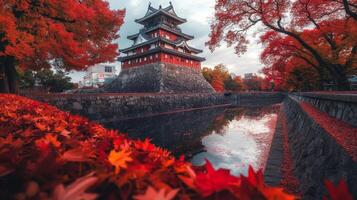Japanese Castle Surrounded by Autumnal Red Maple Leaves photo