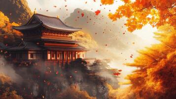 Ancient Japanese Temple Amidst Autumnal Foliage and Misty Mountains photo