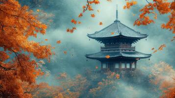 Autumnal Pagoda Amidst Fog and Falling Leaves photo