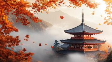 Autumnal Pagoda Amidst Misty Mountains and Falling Leaves photo