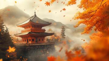 Autumnal Fog Envelops a Pagoda Amidst Vibrant Maple Trees photo