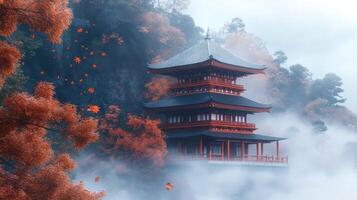 Pagoda Emerging From Misty Mountainside With Falling Autumn Leaves photo