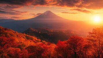 Mount Fuji at Sunrise with Autumn Foliage photo