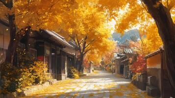 A Street Lined with Golden Autumn Trees in a Japanese Village photo