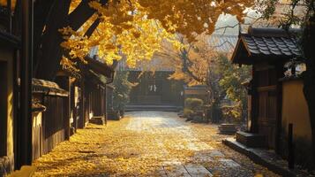 Golden Leaves Scattered on a Stone Path Through a Japanese Village photo