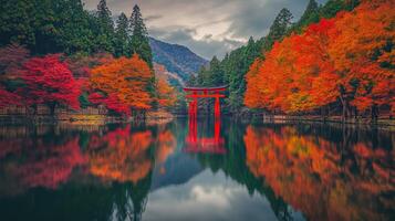 Red Torii Gate Reflecting in Tranquil Lake Surrounded by Autumnal Forest photo
