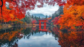 Red Torii Gate Reflecting in a Serene Autumn Lake photo