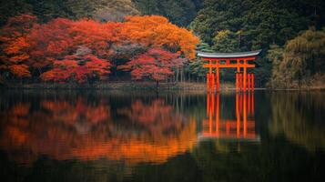 Red Torii Gate and Autumn Leaves Reflected in Still Water photo